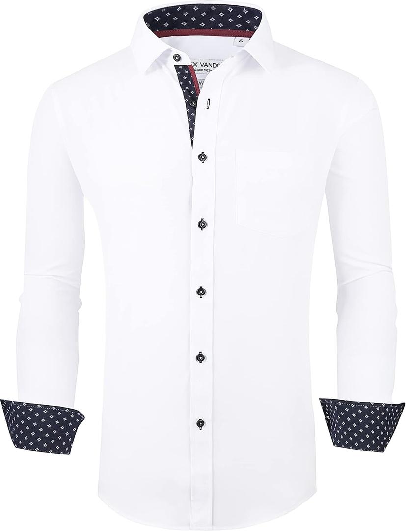 Alex Vando Mens Dress Shirt Wrinkle Free Regular Fit 4-Way Stretch Button Down Shirts (Small, White)