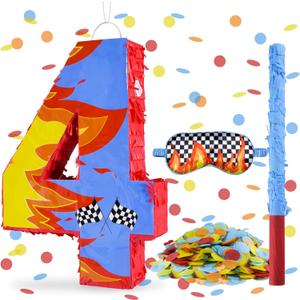 Blue Racing Cars Themed Birthday Decorations, Racing Cars Themed Number 4 Pinata with Stick Blindfold and Confetti Fire Race Car Checkered Flag Themed 4th Birthday Party Supplies (Fire Race Car 4th)