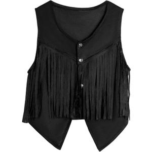 Women Tassel Vest 70s Hippie Sleeveless Faux Suede Rivets Fringe Vest Waistcoat Jacket Cowgirl Outfits (Medium, Black)