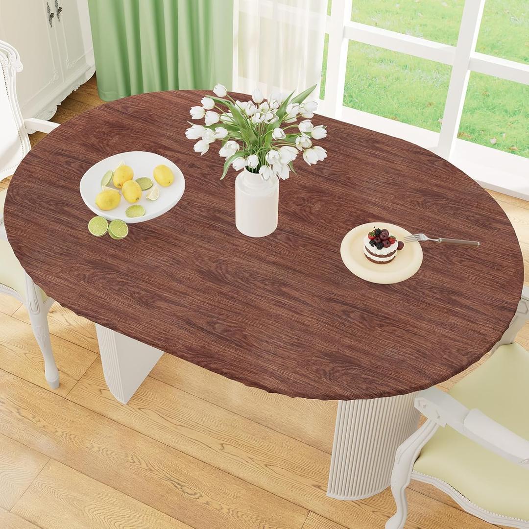misaya Oval Fitted Tablecloth with Elastic Edge, Waterproof Oil Proof Plastic Table Cover, Vinyl Flannel Backed Tablecloth Fits 48" x 68" Oval Tables for Dinner, Outdoor, Picnic, Oak Wooden Grain