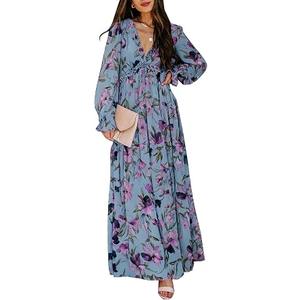 BLENCOT Womens Casual Boho Floral Deep V Neck Long Sleeve Maxi Dress | Long Ruched Party Maxi Wedding Dress; Flowy Comfortable Boho Dresses