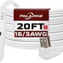 Flat Plug Extension Cord with 3 Outlets Extender, Indoor Extension Cord Flat Plug Power Strip 16 Gauge 20FT White 3 Prong, 16/3 SPT-3 13A, UL Listed