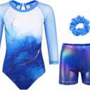 Gymnastics Leotards for Girls With Shorts Sparkly Ballet Dance Long Mesh Sleeve (14-15 Years, Simple Blue Set)