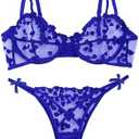Lilosy Sexy Underwire Cute Push Up Strappy Embroidered Mesh Sheer Lingerie Set See Through Panty Bra, Size M