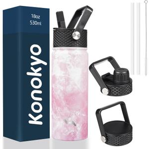 18 oz Insulated Water Bottle Stainless Steel Sport Bottles with 3 Lids,Marble Blossom (18 Ounces)