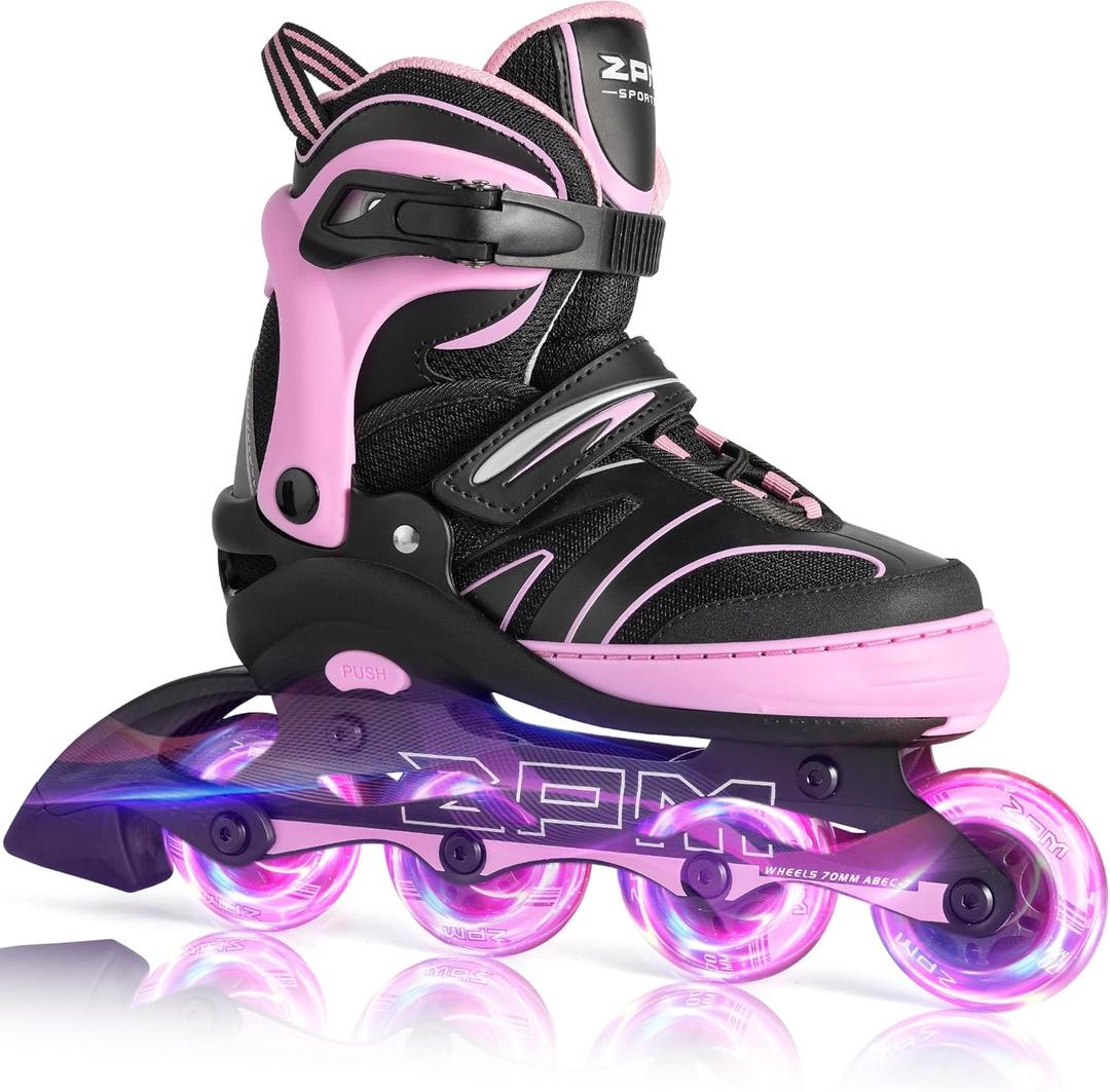 2PM SPORTS Kids Adjustable Inline Skates Ages 4-12, Youth Inline Skates for Girls Boys 5-8 8-12 with Full Light Up Wheels, Beginner Women Adult Skates (Pink)