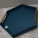 Hexagon Decorative Serving Tray with Polished Gold-Tone Metal Handles, Black Glossy Finish, Large Ottoman and Coffee Table Tray, 17.7x15.4x2 Inch (Blue)