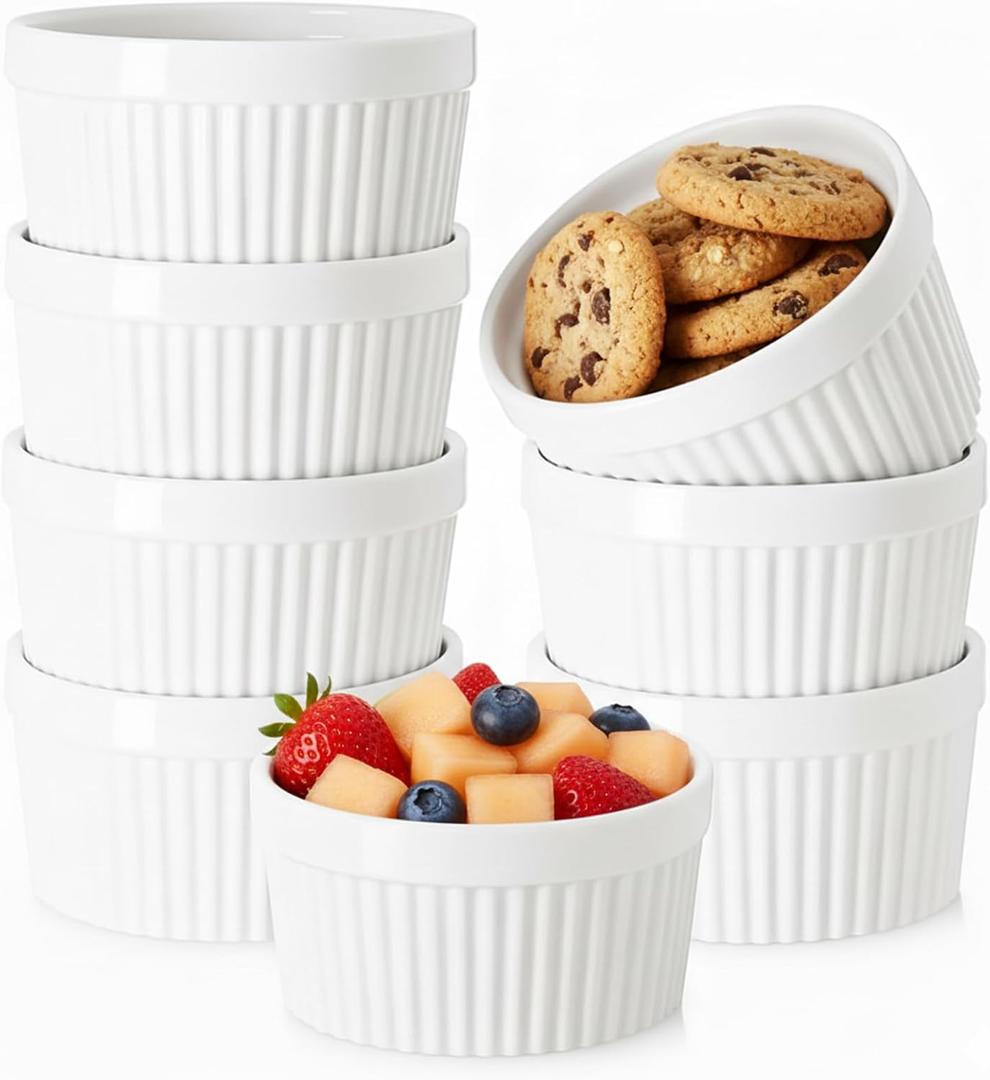 12 OZ Ramekin Bowls,WERTIOO 8 PCS Ramekins for for Baking and Cooking, Oven Safe Sleek Porcelain Ramikins for Pudding, Creme Brulee, Custard Cups