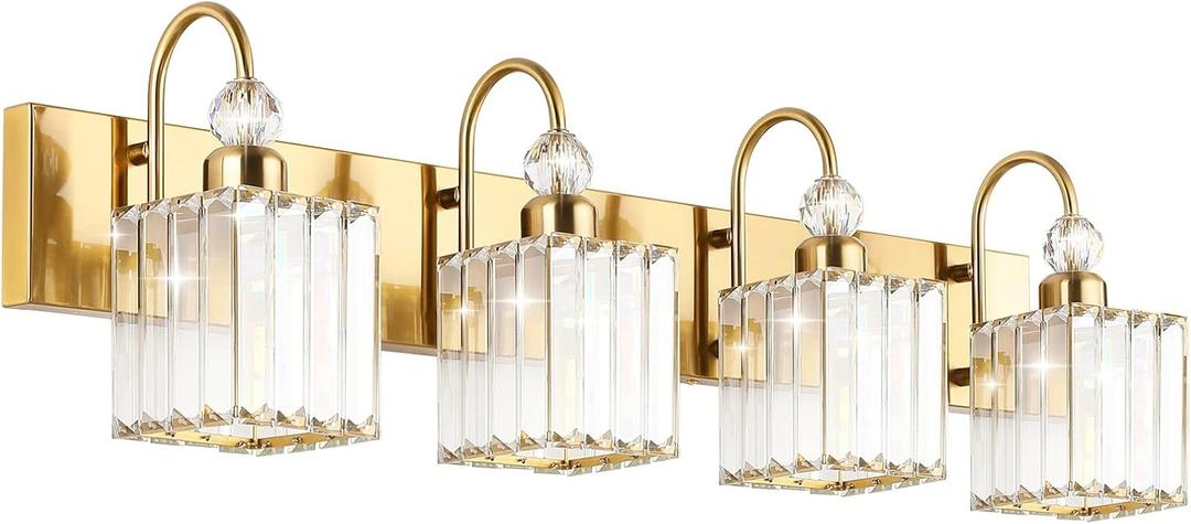 Ralbay Crystal Gold Bathroom Vanity Lights 4-Lights Vanity Lights Over Mirror Modern Crystal Gold Bathroom Wall Lighting Fixtures