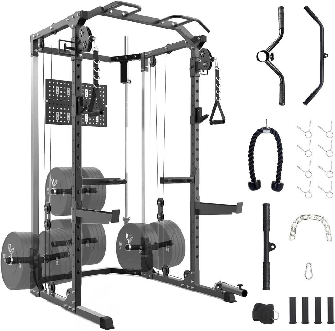 Power Cage, Multi-Function Squat Rack with Dual Independent Pulley System, 2000 LB Capacity Workout Cage with Adjustable Cable Crossover System and Training Attachment for Home Gym