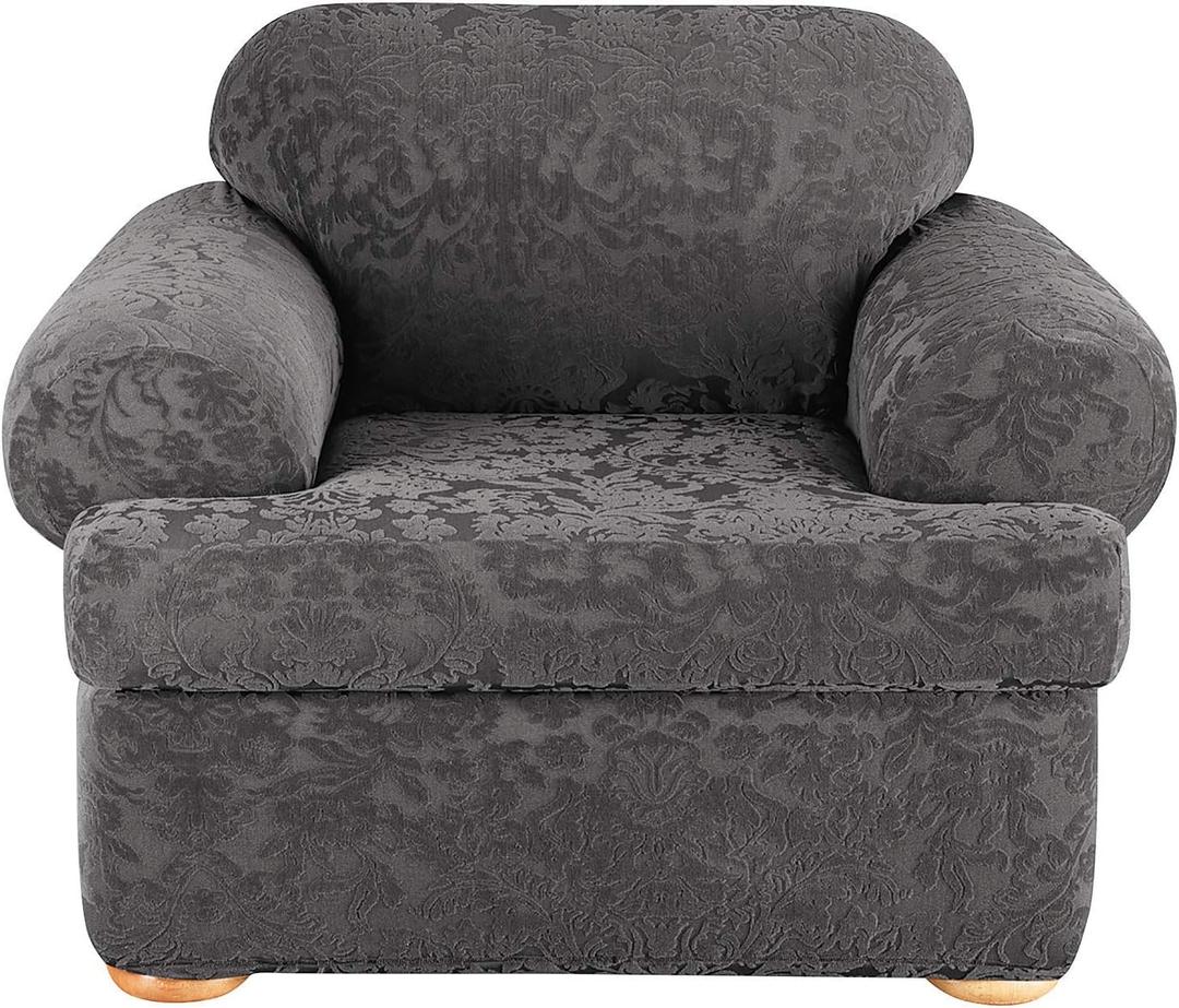 SureFit Stretch Jacquard Damask 2-Piece - Chair Slipcover - Gray (SF41458)