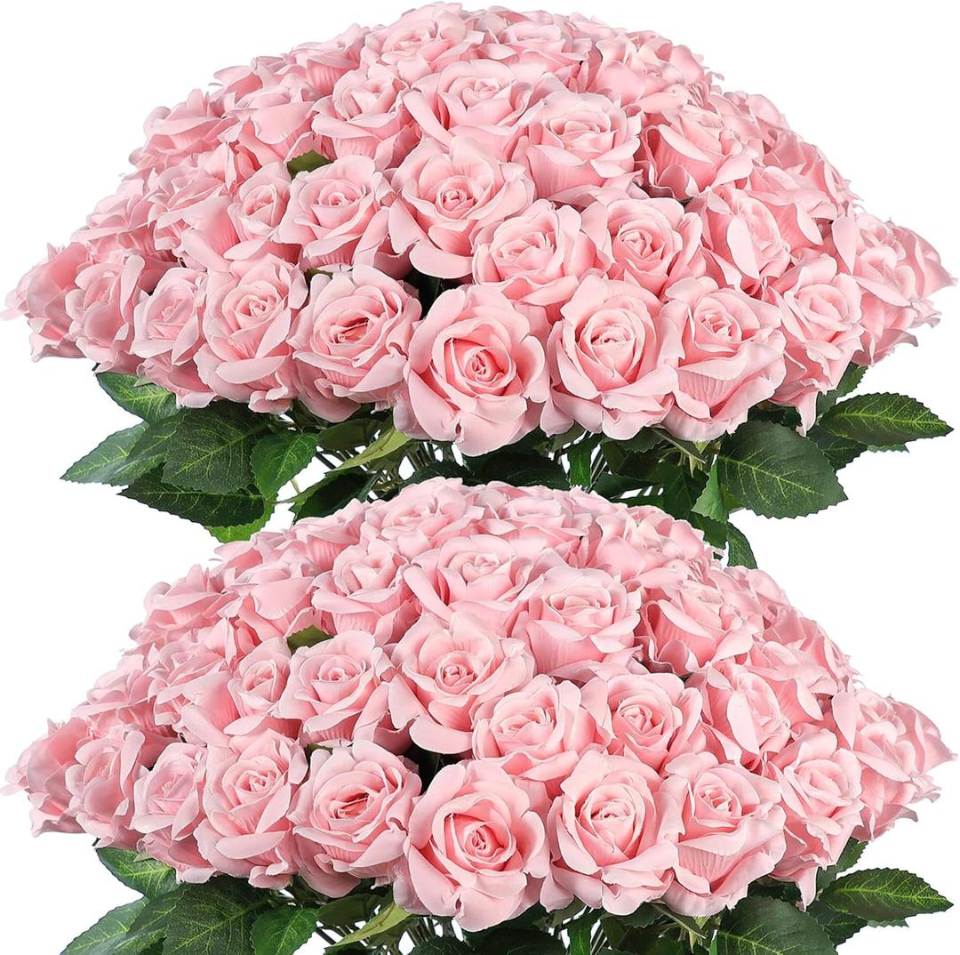 FOTEEWL 60 Pcs Artificial Rose Flower Realistic Faux Silk Roses Stem Fake Roses Bouquet for Flower Arrangement,Wedding Centerpieces,Party,Home Decorations (Pink)