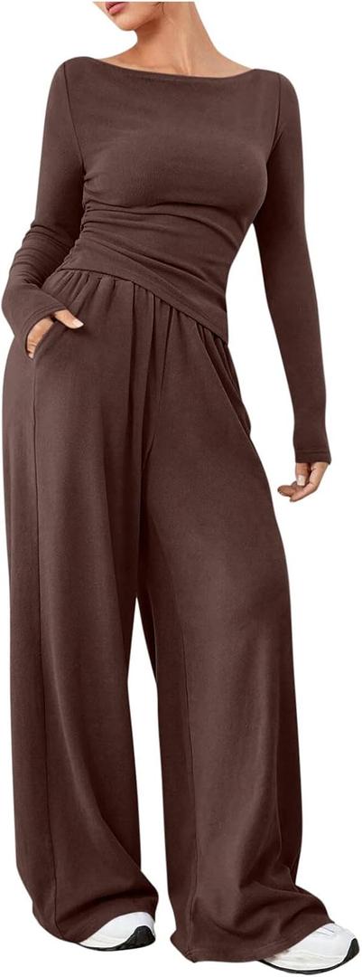 2 Piece Sets for Women Dressy Fall Outfits Sweatsuits Casual Pullover Top and Wide Leg Sweatpant Lounge Set Pocket, S, Coffee