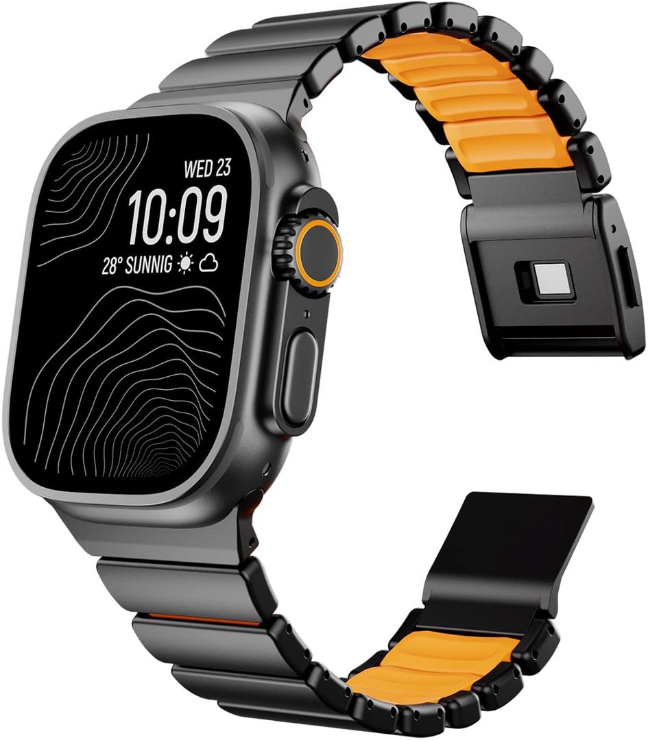 Magnetic Titanium Band Compatible with Apple Watch Size: 49mm/46mm/45mm/44mm/42mm(Series 3 2 1),Luxury Silicone Dual-Layer Link For iwatch Men Women (Black-Orange)