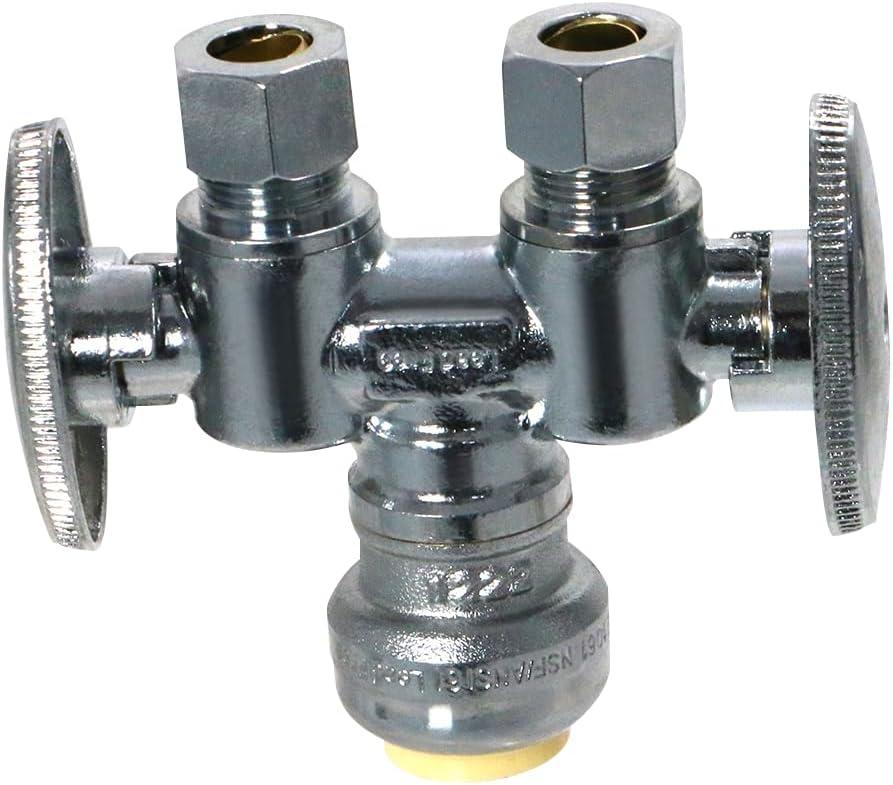 XFITTING Push Fit OD Compressiopn Stop Valve, 1/2" Push Fit x Dual 3/8" OD Compression Straight Valve, Certified to NSF ANSI61- Brass, 1 pack