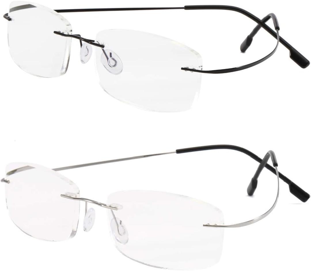 Viseng Set of 2 Rimless reading glasses titanium metal ultra light Readers of Men Women (2 Pairs:black & Silver)