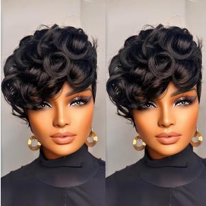 Short Pixie Cut Wig for Black Women Black Curly Wave Synthetic Short Wigs for Women Heat Resistant Fiber Pixie Cut Wigs with Bangs None Lace Front Wig