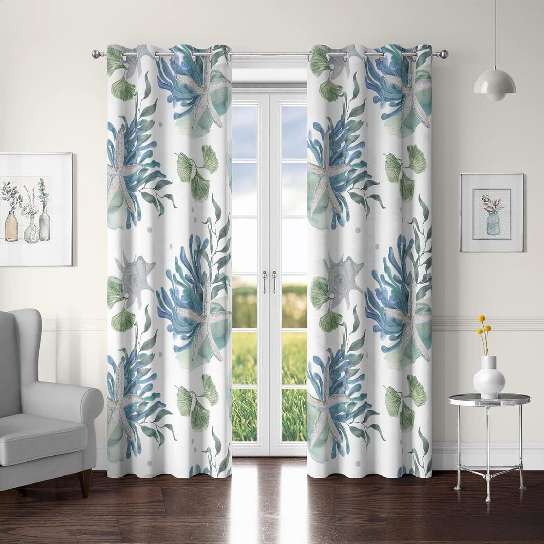 Coastal Nautical Window Curtain 50% Light Blocking Curtains Beach Ocean-Themed Starfish Seaweed Thermal Insulated Window Drape for Bedroom Living Room Kitchen Hotel, 2 Panels, 52x84 Inches, Blue (C1)