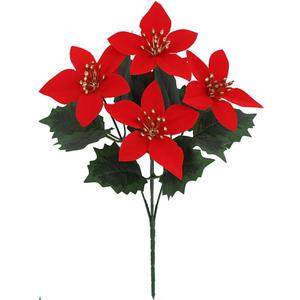6 Pcs Poinsettia Artificial Christmas Flowers Red 5 Heads Faux Poinsettia Silk Artificial Poinsettias Bush for Xmas Tree Ornament Home Garden Porch Decoration