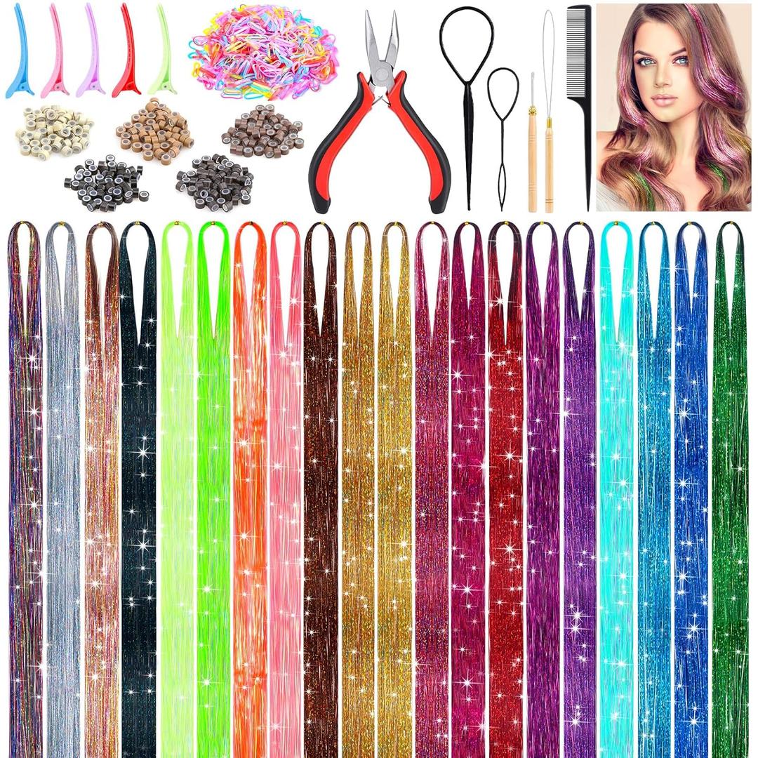 6000 Strands Hair Tinsel Kit in 20 Colors, Glitter Tinsel Hair Extensions Kit Heat-resistant, Fairy Hair Tinsel Tool for Shiny Hair Extension, Women Girls Hair Accessories at Party