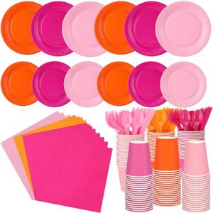 Ziliny 420 Pcs Orange and Pink Paper Plates and Napkins 9 oz Paper Cups Forks Knives Spoons Disposable Tableware for Summer Tropical Theme Birthday Party Supplies, Serves 60