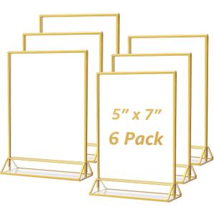 MaxGear 5x7 Gold Acrylic Sign Holder 6 Pack, Gold Table Number Holders, Mini Frames Double Sided Acrylic Picture Frames Photo Stand, Clear Menu Flyer Stand for Wedding, Home, Restaurant
