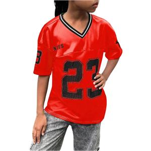 WDIRARA Girl's Number Graphic Jersey Shirts Short Sleeve V Neck Tees Oversized T-Shirt Tops (Red)