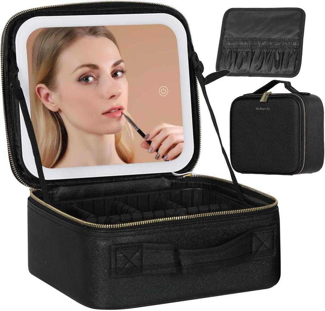 Travel Makeup Bag with LED Lighted Mirror, Cosmetic Makeup Organizer Bag with 3 Color Setting, Makeup Train Case with Adjustable Dividers for Women Makeup Brushes Jewelry Accessories (Black)