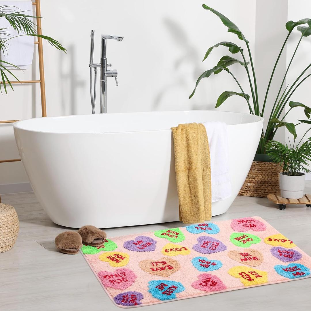 Dunzy Valentine's Day Conversation Heart Bathroom Rug 36x24 Inch Valentine's Day Love Candy Heart Welcome Door Mat Casual, Low Pile, Kitchen Decor Indoor Outdoor Party Decoration