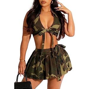 Akmipoem Women's Two Piece Skirt Set Camouflage Sleeveless Sexy Self Tie Halter Crop Top and Slit Wrap Mini Skirts Outfits, Size L