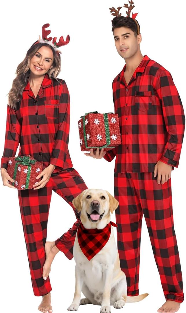 Christmas Family Matching Pajamas Set Couples Button Down Sleepwear Loungewear Long Sleeve Plaid Pjs Lounge Set (S)