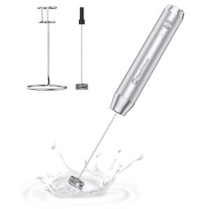 Maestri House Rechargeable Milk Frother with Stand, LunaFro Handheld Electric Foam Maker Waterproof Detachable Stainless Steel Whisk Drink Mixer Foamer for Lattes, Cappuccino