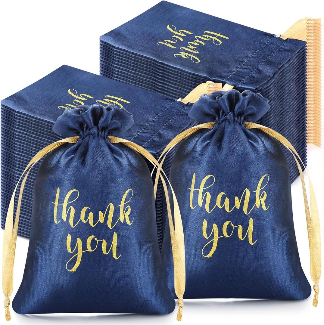 Roowest 100 Pcs Thank You Satin Gift Bags Drawstring Jewelry Candy Pouches for Wedding Bridal Shower Baby Shower Favor Drawstring Bag for Birthday Holiday Party(5 x 7 Inch,Navy Blue)