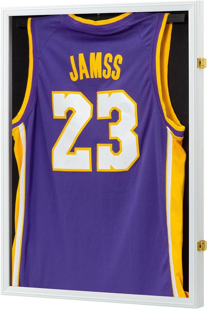 Jersey Frame Display Case, Large Lockable Shadow Box Sports Jersey Frame with UV Protection Acrylic and 2 Hanger for Baseball Basketball Football Soccer Hockey Shirt,Uniform, Graduates White (Whtie Frame with Gold Locks)