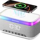 S300 10W Stereo Portable Bluetooth Speaker with 15W Fast Wireless Charging, 13-Color Dimmable Night Light, White Noise, Alarm, FM Radio, BT5.3, TWS, for Home, Office, Bedroom (White)