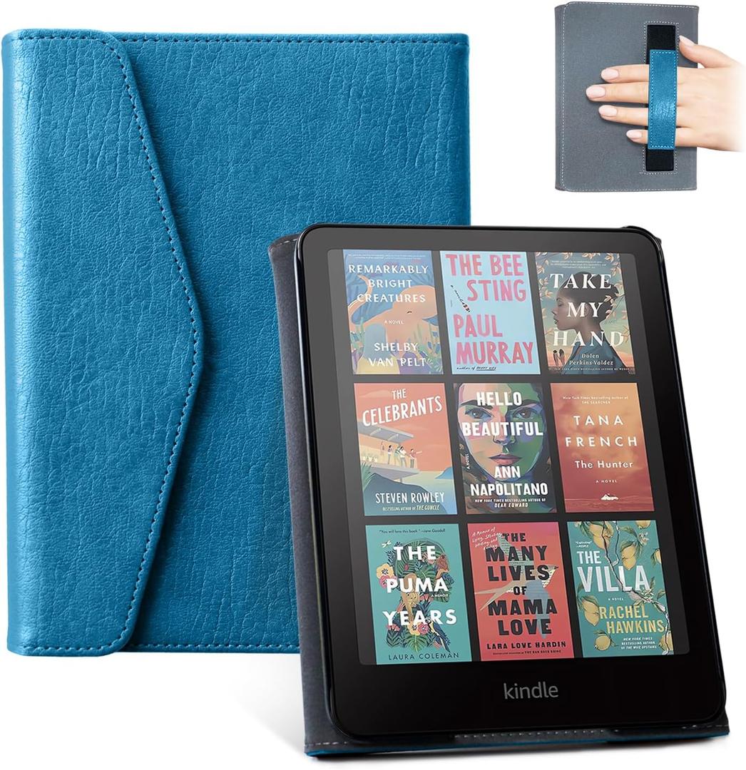 CoBak Premium Case for Kindle Paperwhite & Kindle Colorsoft 7" & Hanvon with Hand Strap  Automatic Wake/Sleep, Stylish & Durable, Comfortable Reading & Protection, Compatible with iPhone Stand (Vintage Blue)