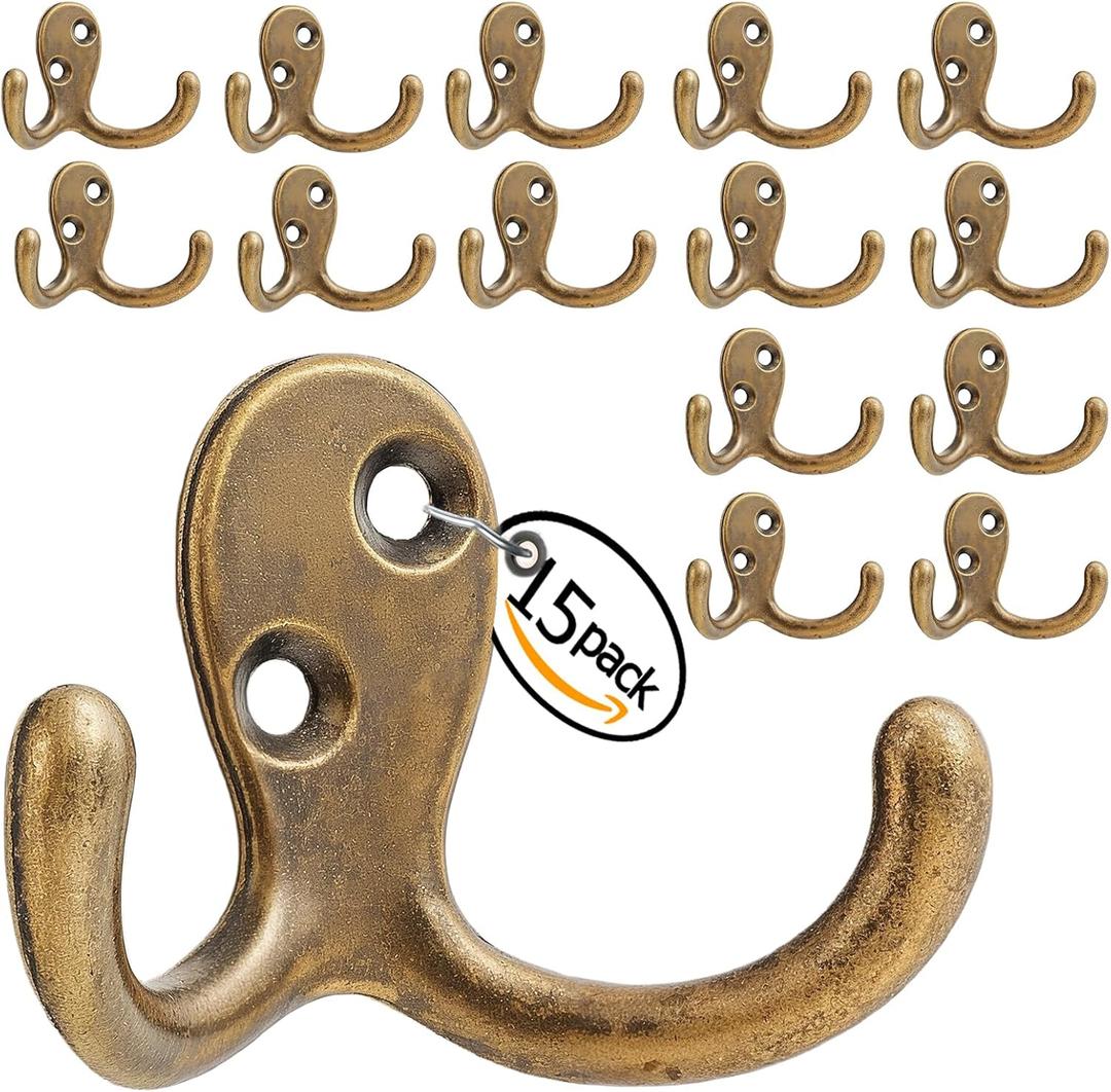 Coat Hooks Wall Hooks for Hanging - 15 Pack Bronze Double Prong Hook Wall Mounted - Great for Living Room, Bedroom, Entryway, Closet for Coat, Bag, Towel, Hat, Key, Cup, Heavy-Duty, Easy to Install