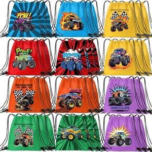 Monster Truck Party Gifts Bags,Racing Drawstring Backpack Colorful Truck Goodie Bags Candy Favor Storage Supplies for Boys Birthday Party Decoration(28 Pieces,12 Style)