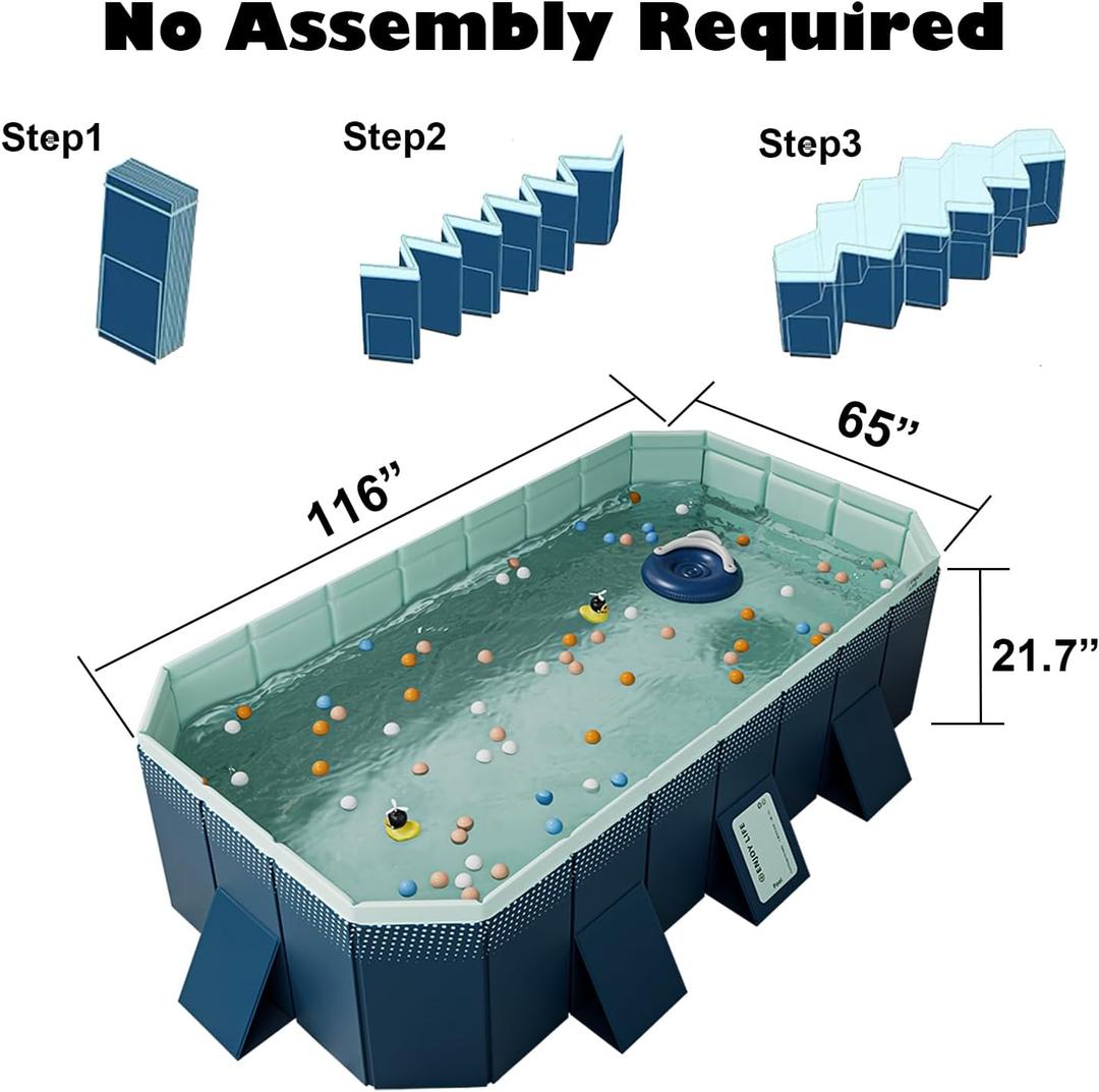 Foldable Non-Inflatable Swimming Pool, Portable Hard Plastic Shell Kids and Adults Pool, Dog Pool for Outdoor, Backyard and Garden, Easy Setup for Fun Water Play, 116" L x 65" W x 21.7" H