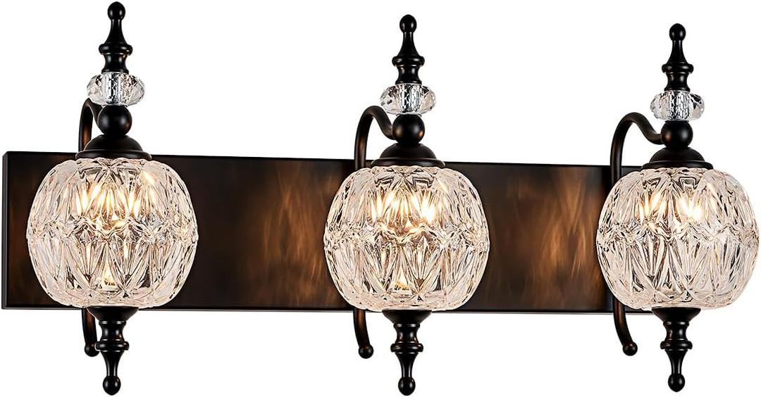 Vintage Black 3 Lights Bathroom Vanity Light Fixtures, Modern Bedroom Lighting Painted Black Surface with Thick Crystal Glass Shade, Vintage Vanity Light for Bathroom Farmhouse Bedroom