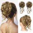 HOOJIH Messy Bun Hair Piece, 2PCS Tousled Updo with Tendrils Bun Extensions Wavy Curly Hair Wrap Ponytail Hairpieces Scrunchies for Women HB010 Dasiy - Medium Brown with Blonde Highlights