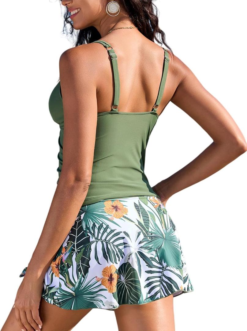 ZAFUL Womens Tankini Swimsuits Tummy Control Scalloped V Neck Tankini Bathing Suits with Skirt Bottom Ladies Swimwear (Small, Green)