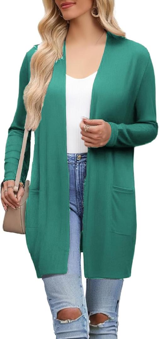 Naggoo Women Classic Open Front Lightweight Cardigans Casual Loose Kimono Long Sleeve Cardigan (Green, XXL)