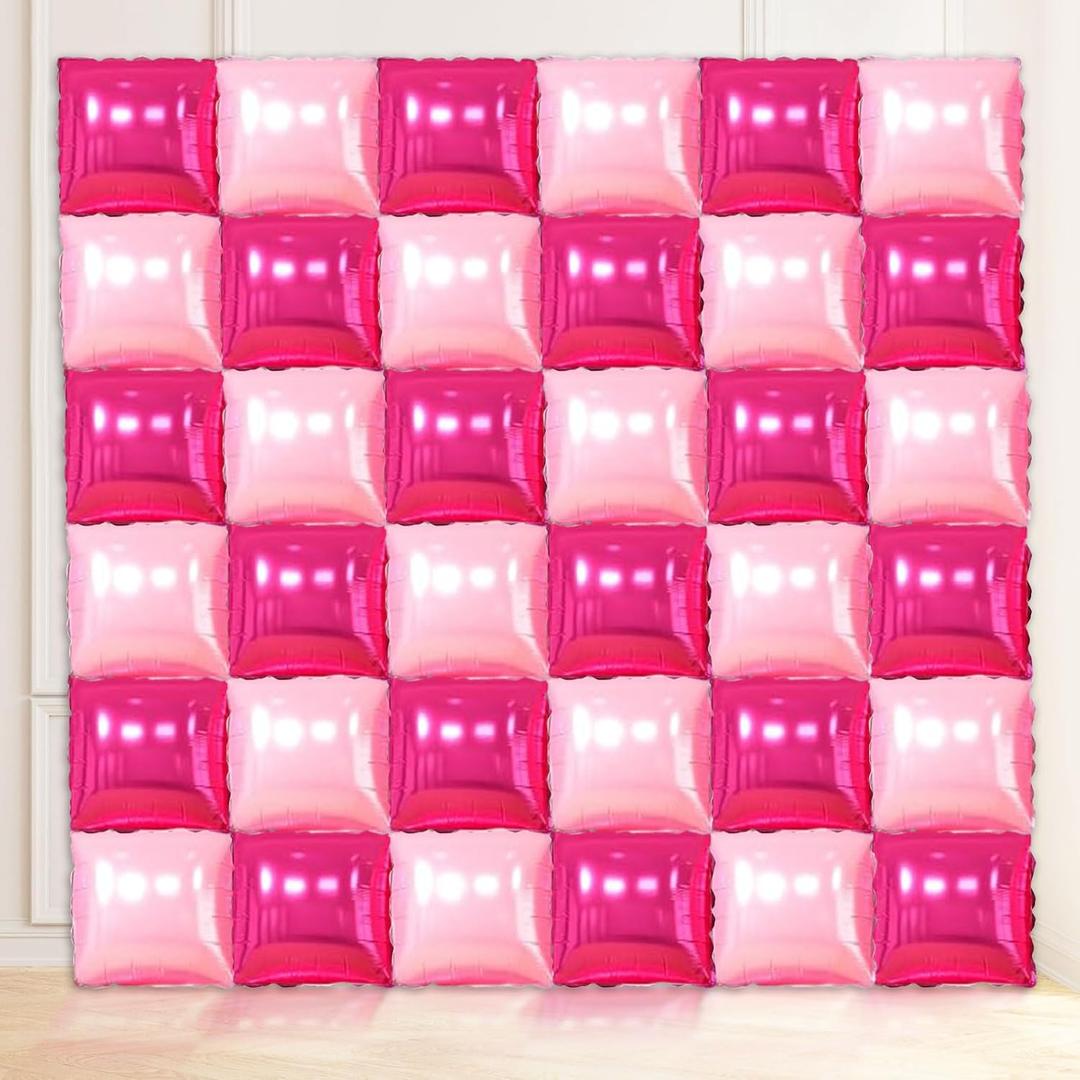 36 Pcs Hot Pink Double Sided Square Foil Balloon Wall Backdrop Metallic Pink Balloons Backdrop Tunnel Arch Kit Mylar Square Balloons for Bachelorette Engagement Wedding Birthday Party Decorations