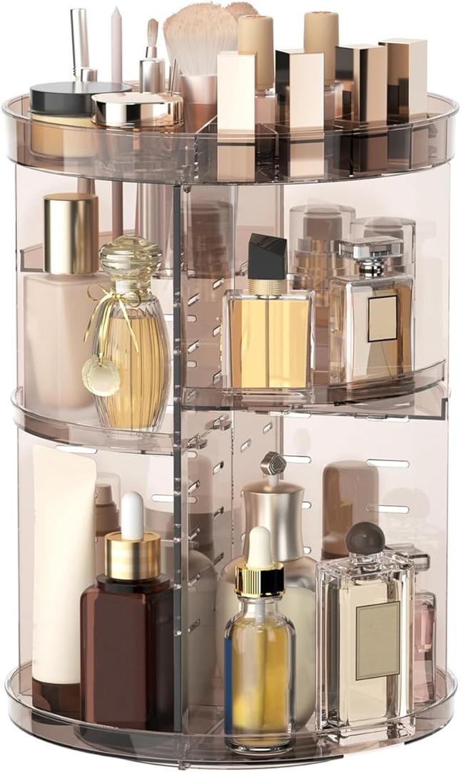 360 Rotating Makeup Organizer with Lipstick Slots, DIY 8 Adjustable Height Spinning Skincare Organizers, Brush and Perfume Storage Carousel, Cosmetic Display Case for Vanity Bathroom Countertop