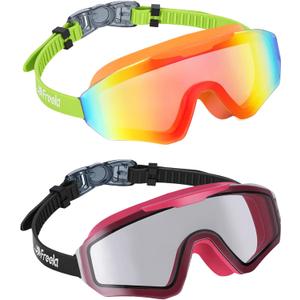 Freela 2 Pack Kids Swim Goggles for 8-16, Anti-Fog UV Protection Extra Silicone Layer Swimming Goggles for Youth Boys Girls (Orange-greenpink-black)