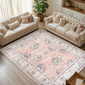jinchan Spring Vintage Floral 8x10 Area Rugs for Living Room - Machine Washable Distressed Design Stain Resistant Boho Carpet Low Pile Non-Slip Rug for Bedroom Dining Room Home Office (8x10',Pink)