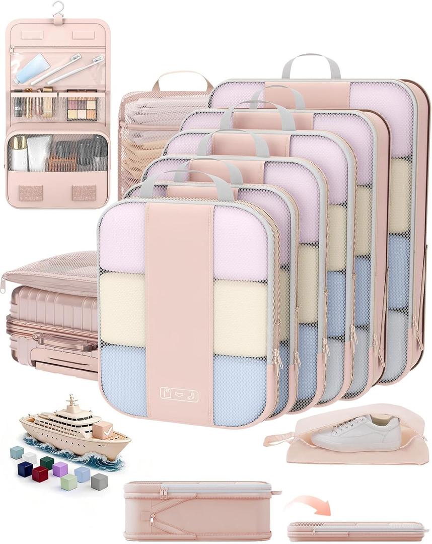 10 Set Compression Packing Cubes for Travel Gifts Women Mom,OlarHike Luggage Clothes Organizer for Travelers,Airplane/Cruise/Car/Train Travel Essentials,Compressible Expandable Saver Space Bags(Beige)