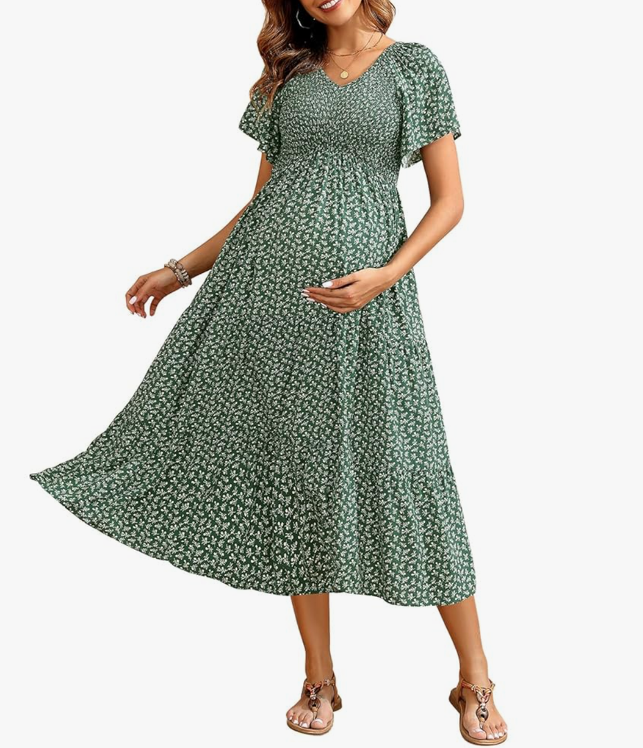 Maternity Dress for Baby Shower - 2025 Photoshoot Pregnancy Summer Midi Casual Flutter Sleeve Dress, Size M