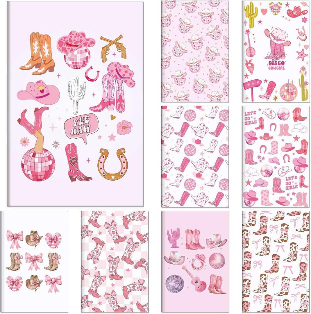 9 Pcs Pink Cowgirl Journal Notebook Western Preppy Office Gifts Disco Ball Cowboy Hat Boots Coquette Bow Cowgirl Notebook Stuff for Teen Girls Women School Student Teacher, 5.5 x 8.3in